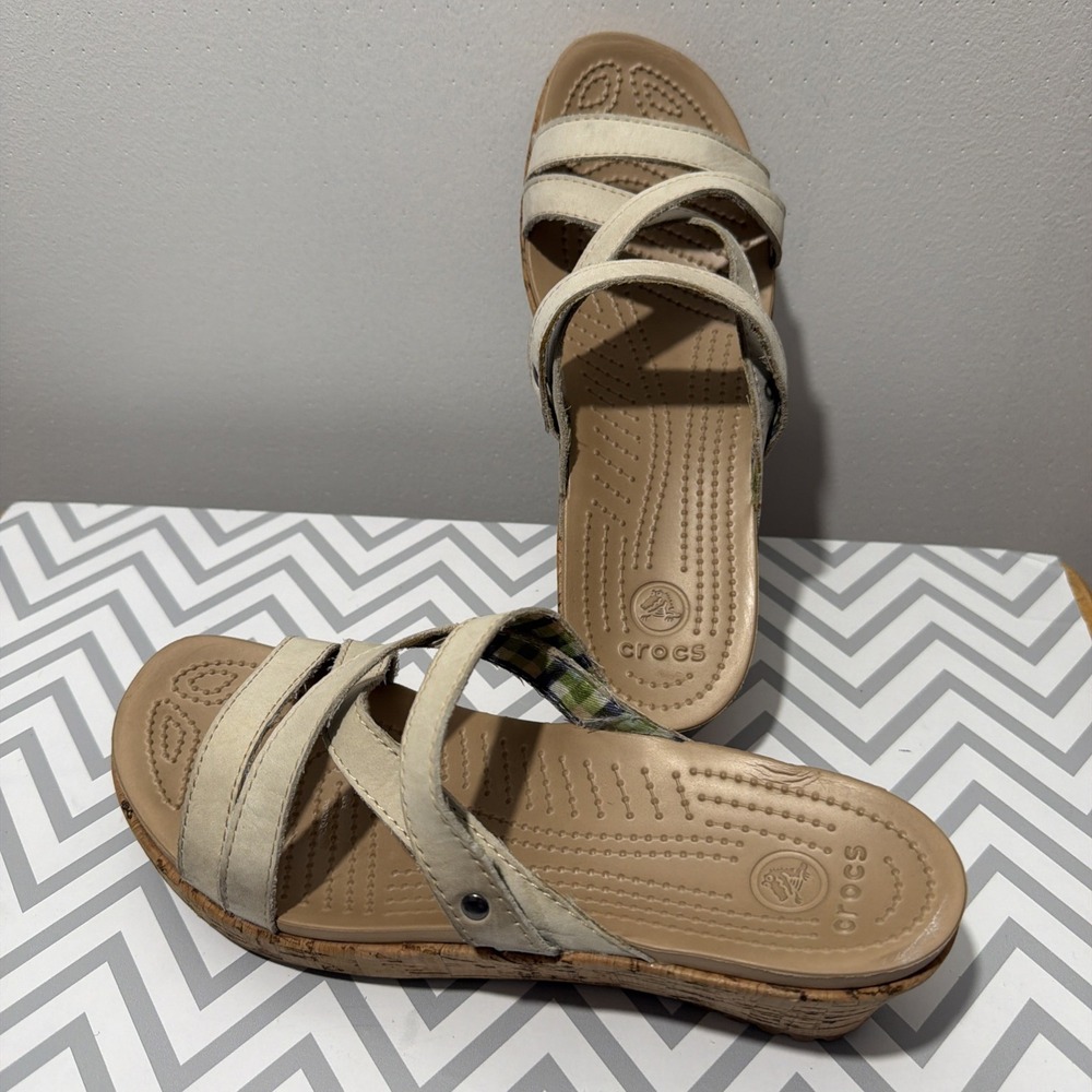 CROCS A-Leigh Mini Wedge Leather Strappy Sandal Cork Women's Size W8
